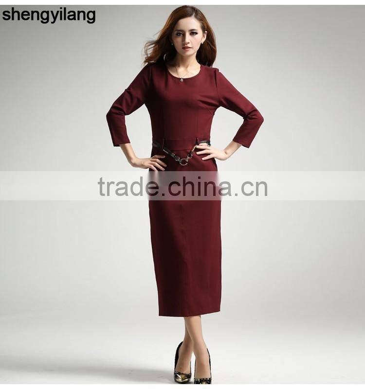 back split simple 3/4 sleeve long dress with belt