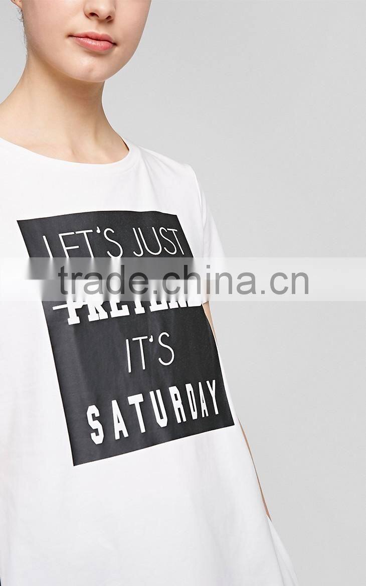 Women's English pattern high quality cotton long printing casual t shirt with high split sides