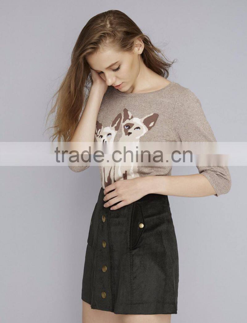 Fancy Cotton Knitted With Cat Pattern Sweater Designs For Girls