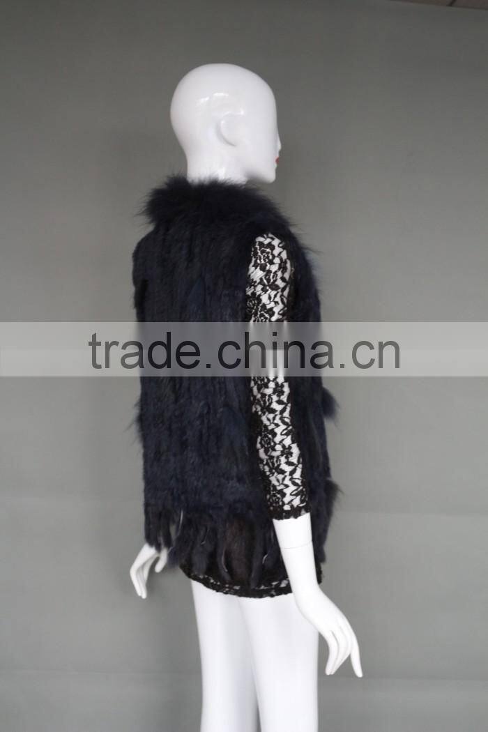 Wholesale Rabbit Fur Vest/ Gilet For Fashion Ladies/Women Knitted Coat With Raccoon Fur Collar