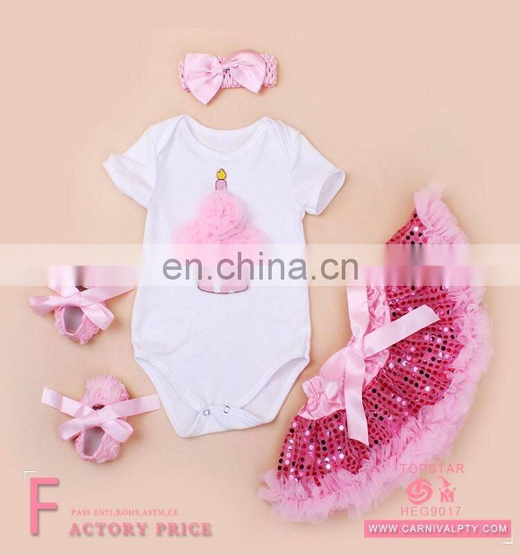 Fashion 2017 cotton wholesale lovely baby girls plain dresses +t-shirt+headband +shoes