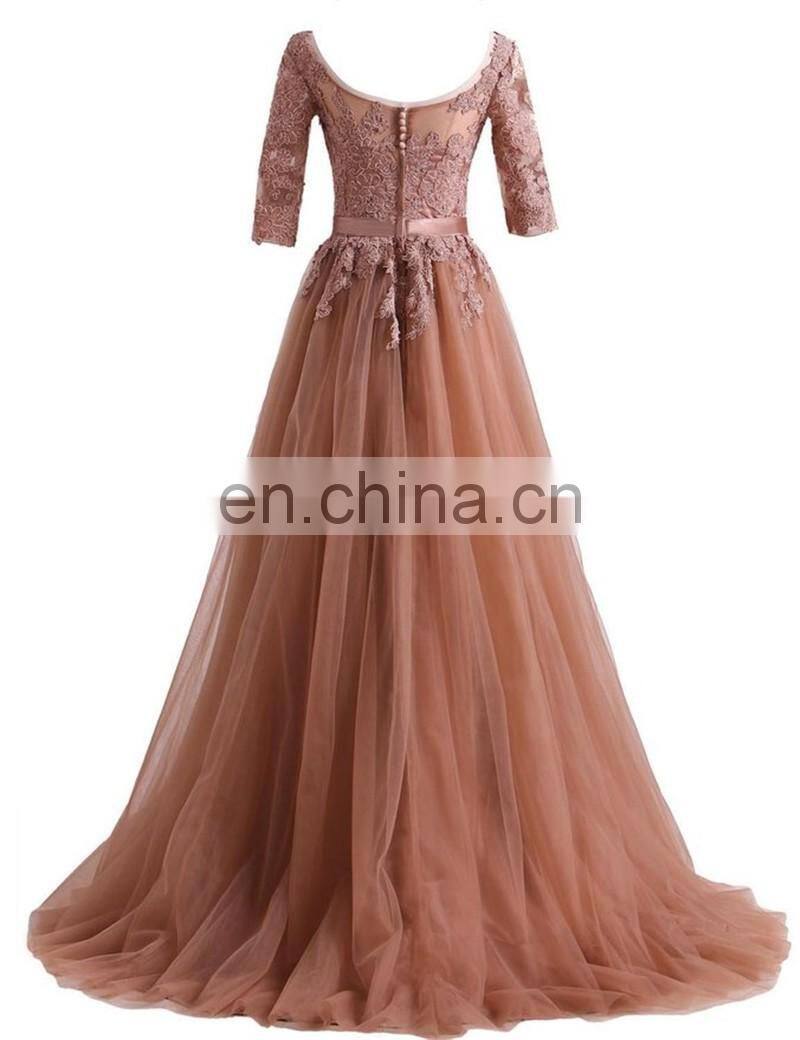 Half Sleeves Scoop Tulle Long Evening Dresses 2016 Appliqued Sweep Train Prom Dress Vestido De Festa Longo Formal Dress