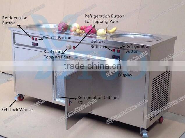 Double Flat Pan Fried Ice Cream Machine, Thailand Roll Ice Cream Maker, China Two Secop Compressor Fried Ice Cream Machine