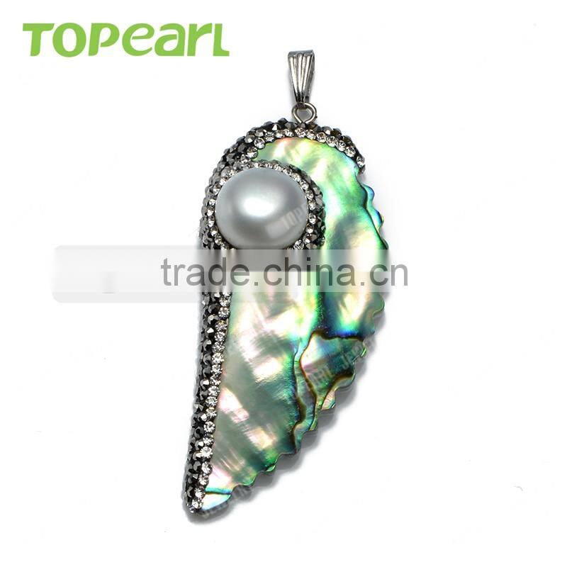 Topearl Jewelry 3pcs Charm Abalone Shell and White Freshwater Pearl Pendant Rhinestones Studded Pearl Pendant SPD10