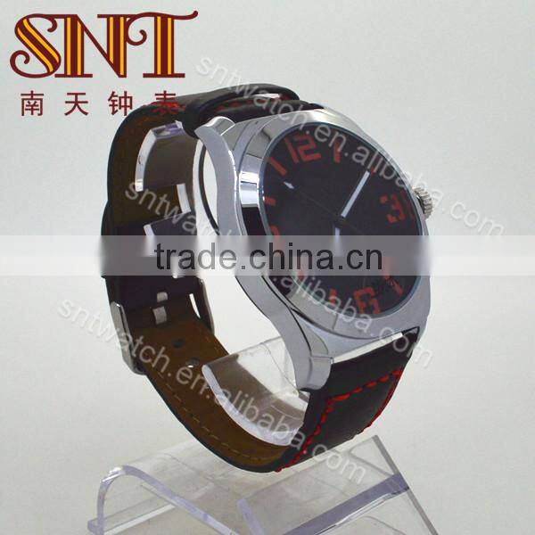 Sport quartz watch black leather strap with red lines