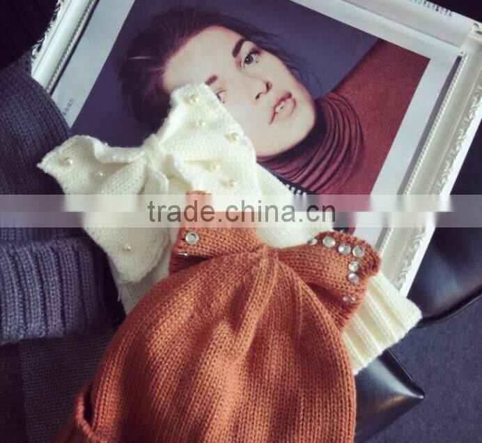 Fashion Charm Ladies Rhinestone Jewelry Pearl Bowknot Ear Cap Hat Beanie