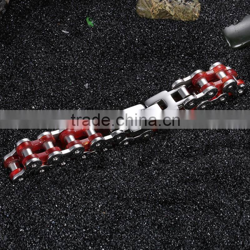 Motorcycle Bike Chain Bangle Design Stainless Steel Silver Red Plated Unisex Bracelet