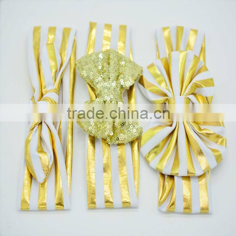 Cotton fabric golden polka-dots bow headbands - foil gold wide elastic knitted headwraps