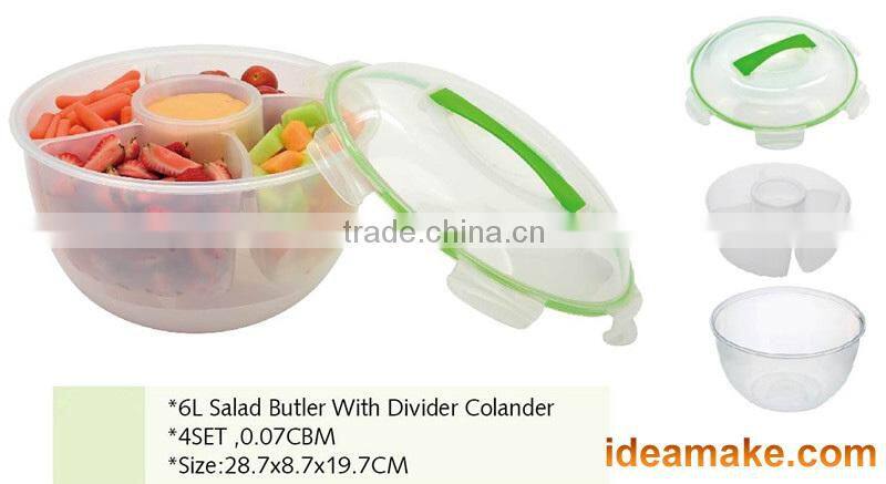 6L Plastic Salad Container with Lid, Colander,dip bowl and cover