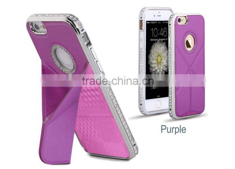 Luxury Plaid Pattern Cowhide Leather Back Cover with Kickstand Diamond Chrome Edged Bumper Hard Case for Iphone6 6plus