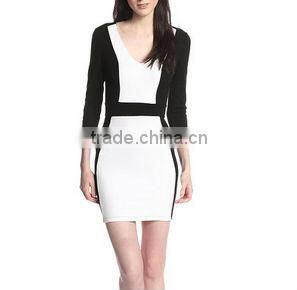 black and white match deep v neck up to knee long sleeve career dress