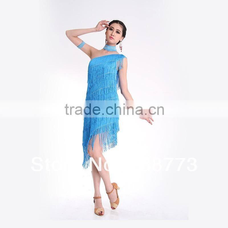 2016 Sexy Women Latin Dance Dress Backless Fringe Cheap One Shoulder Tassel Ballroom Latin Dress