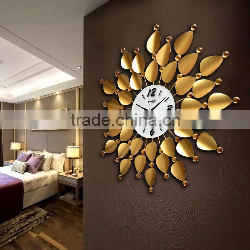 Hot seling black leaves wall clock whit diamonds big size