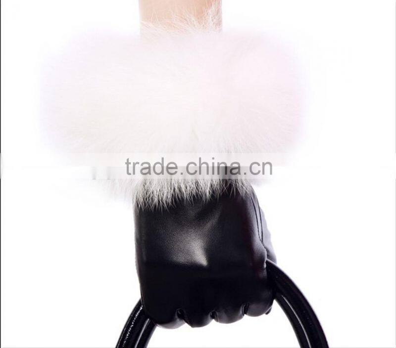 winter warm fashion white fox fur leather gloves for ladies