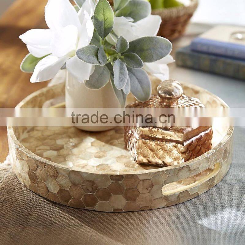High quality best selling round capiz shell wood tray table from vietnam