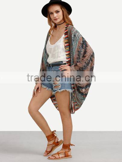 Kimonos latest fashion design women clothing Multicolor Vintage Print Tie-dye Trim Kimono
