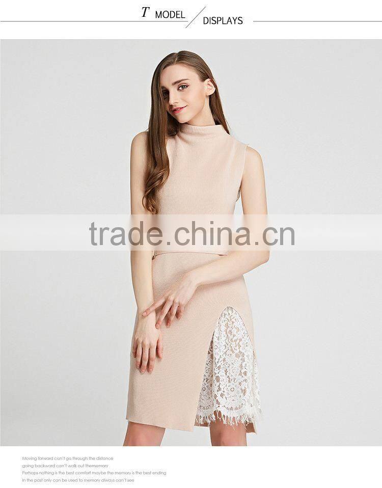 Fashion Lady Sleeveless Knitting Dress 2016 Summer Woman Thin Long Sweater Pullover Femme Robe De Tricot Lace Patchwork