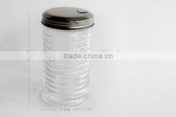 glass condiment dispenser with metal hole caps
