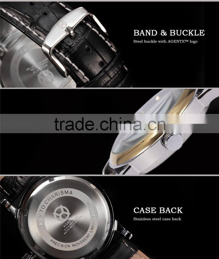 Golden Steel Case Black Dial Reloje Date Display Quartz Analog Leather Band Men Watch