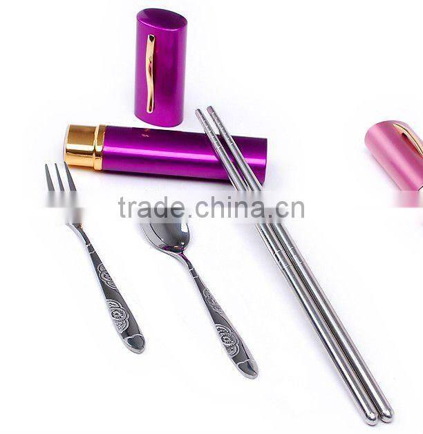 stainless steel portable cutlery set used outside composed by bowl, spoon, chopsticks