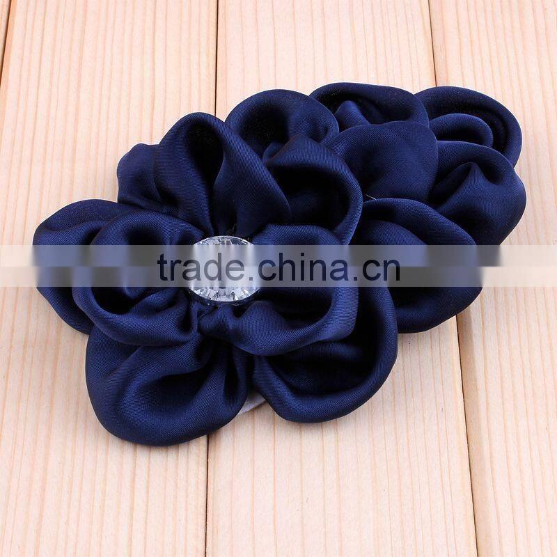 handmade satin fabric flower with rhinestone center for kids hair accessories
