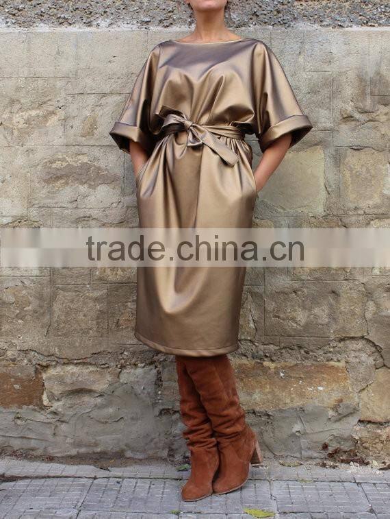 2017 Gold Metallic Fabric Evening Cocktail Dress For Fat Women Plus Size Leather Dress HSD5978