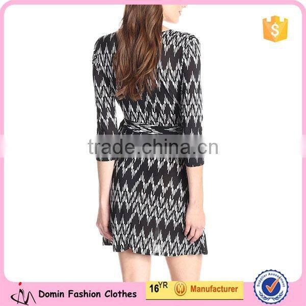 New Fashion Women Wrap Tie Waist Three-Quarter Sleeve A Line Dress