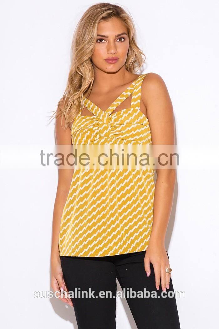 trendy woman yellow chevron print cut out party bulk tank top