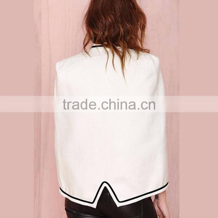 HAODUOYI Women New Unique Design White Cloak Style White Tie Front Color Block Cape