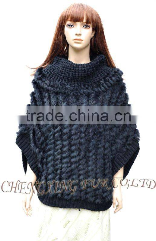CX-B-73 Women Sweater Black Knitted Genuine Rabbit Fur Shawl