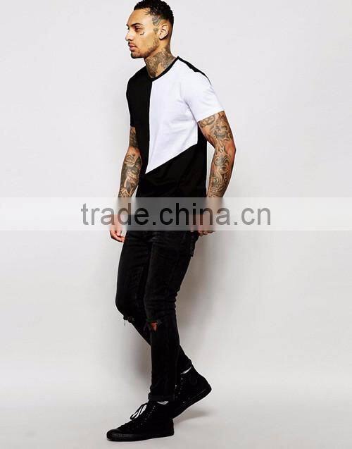 Fashion men cut & sew square panel round collar short sleeve plain t-shirt wholesale custom factories