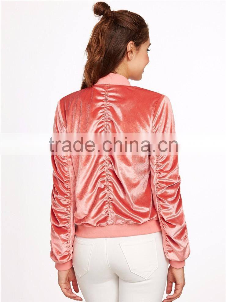 Women Zip Up Shirred Velvet Bomber Jacket Pink With Side Pockets Slim Fit Classic Shiny Jacket Coat