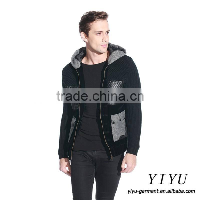 Men Patchwork leather Knitted jackets coat alpaca hooded sweater with zipper