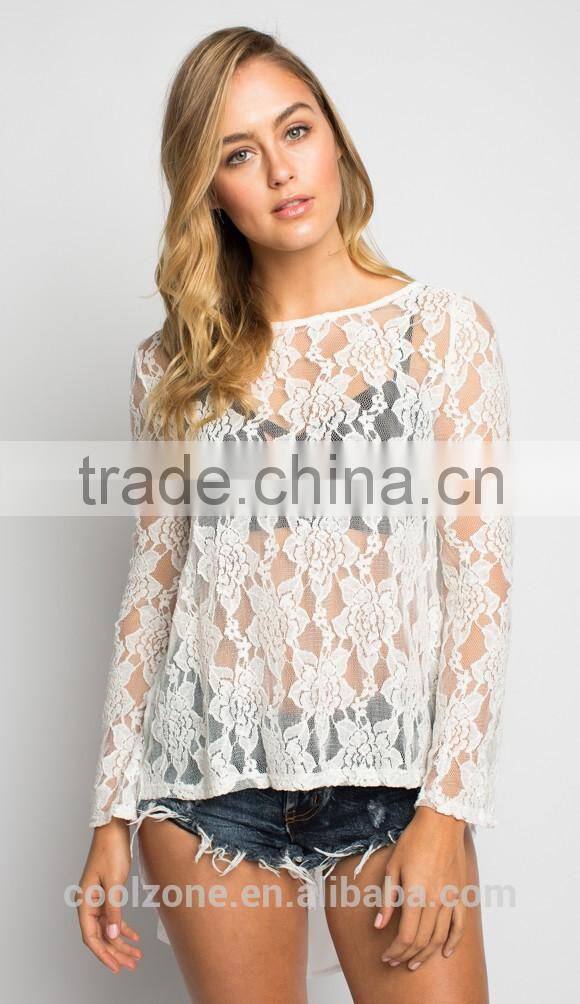 Beautiful lace front long sleeve lower back lace blouse