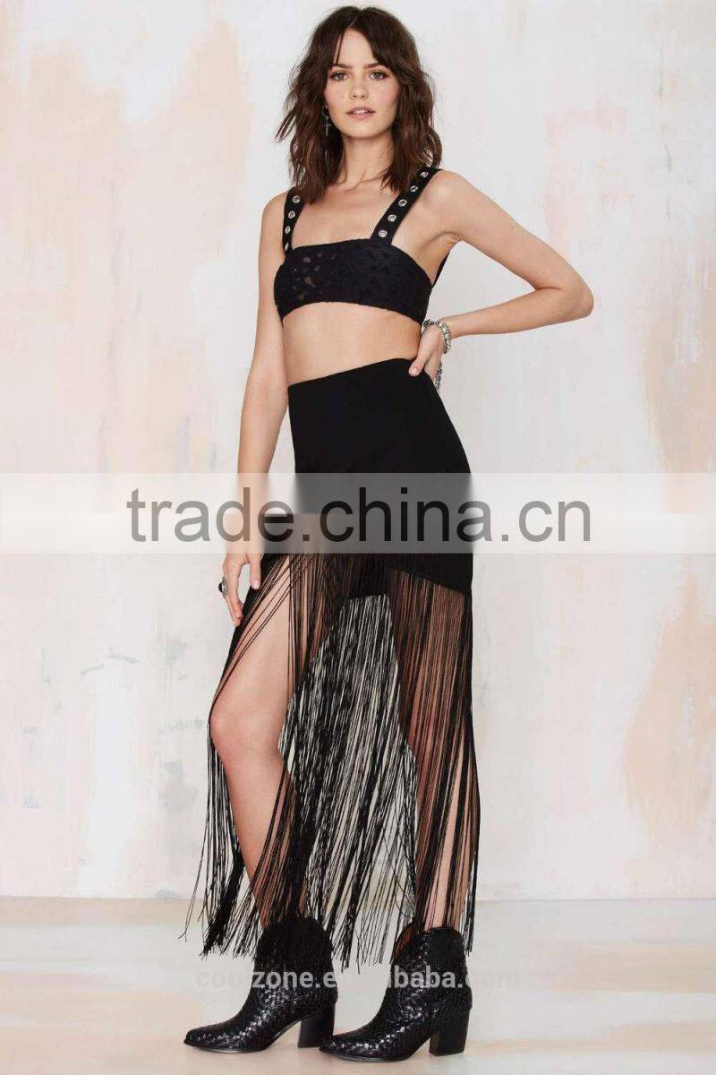 New design fashion with belts around asymmetrical fringe long skirt