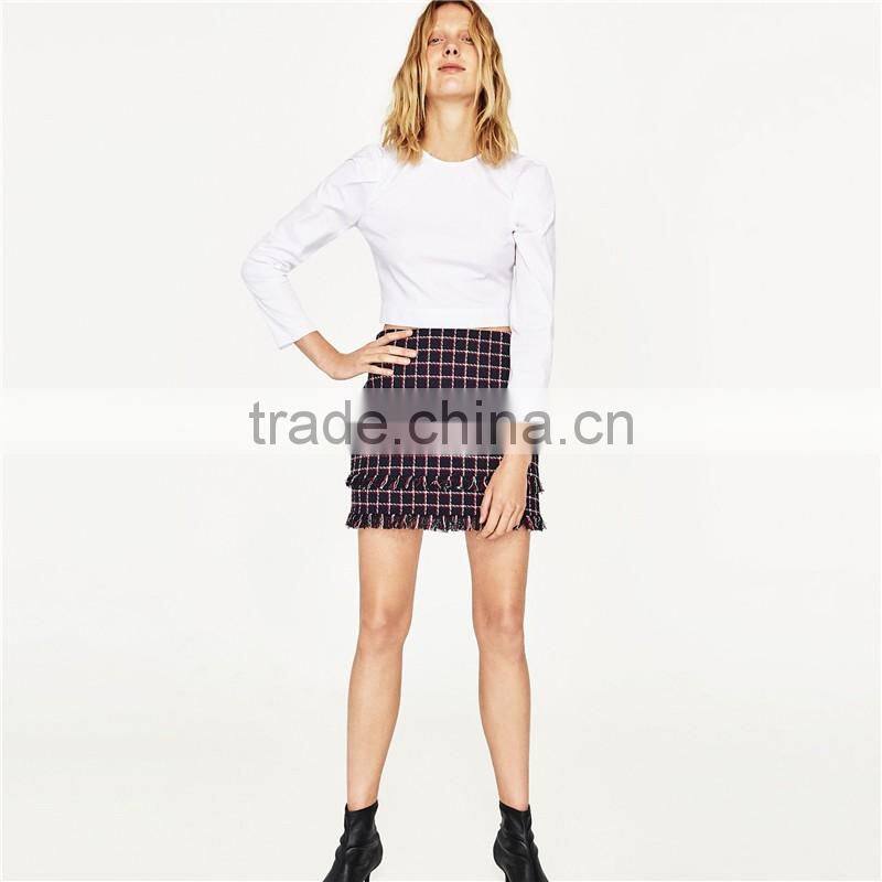2017 OEM Spring Sexy High-rise Waistline Frayed Tartan Mini Skirt