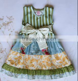 2017 Wholesale Summer girl boutique dress girl green stripe two fold dresses