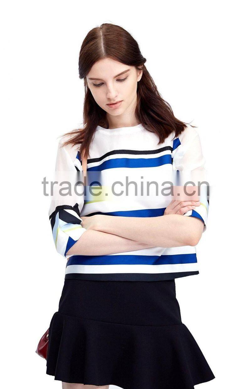 Women's Half Sleeve Stripe Printing Pullover Polyester/Spandex Sweatshirt