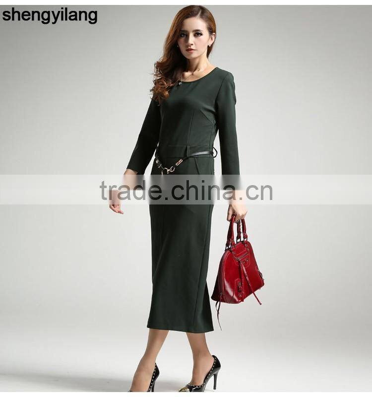 back split simple 3/4 sleeve long dress with belt