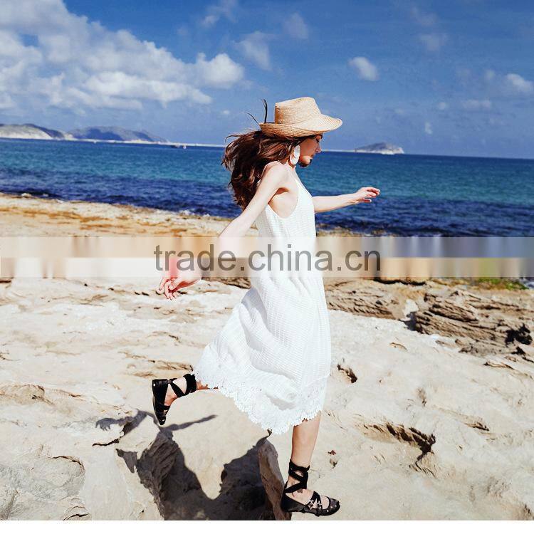 2017 new design high grade white lace stitching beach dress low-neck loose and comfortable sling elegant summer dress for women