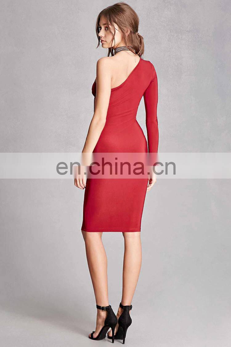 Red Stretch Knit Mini Dress Ruched One Shoulder Dress