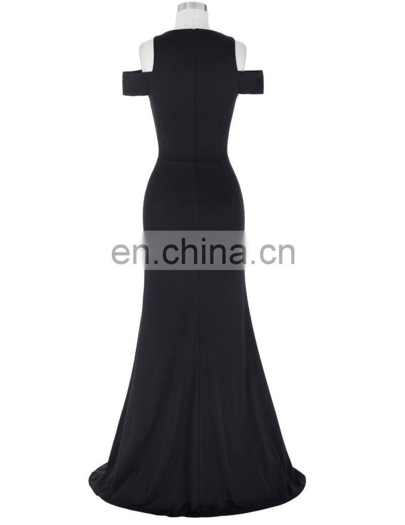 Kate Kasin Full-Length Cap Sleeve Long Black High Split Prom Dress KK001017-1