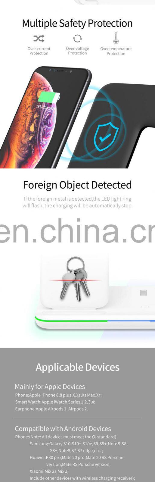 Newest 2020 shenzhen universal wireless charger usb hub fast sucker Watch mobile phone headset 3 in 1 in car wireless charger