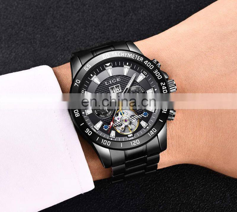 LIGE 10034 Mens Quartz watch Automatic Mechanical Wristwatches Stainless Steel Watch Mens