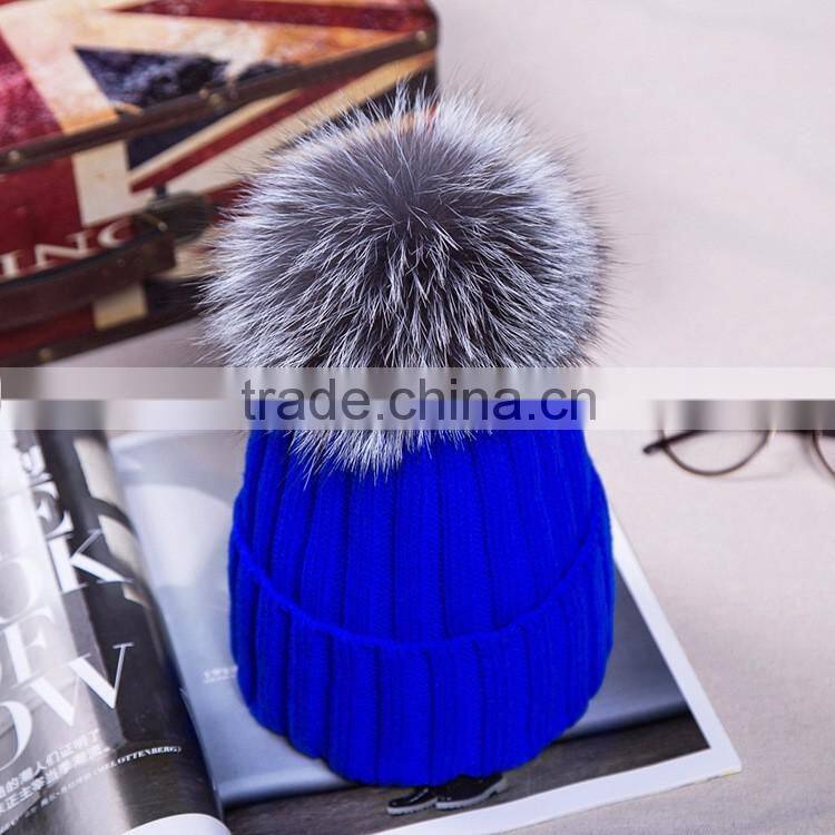 New Arrival Winter Fashion Girl Wool Knit Silver Fox Fur Hats