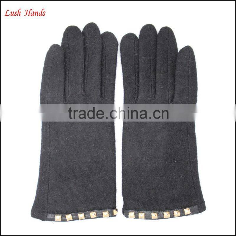 ladies simple woolen gloves decorated with square metal buttons for wholesale