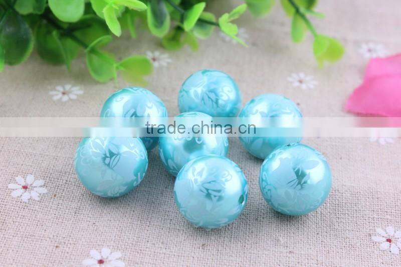 Factory price !!Imitated loose Round Acrylic faux Pearl Beads , Aqua flower Print fake Pearl Beads for party necklace using!!