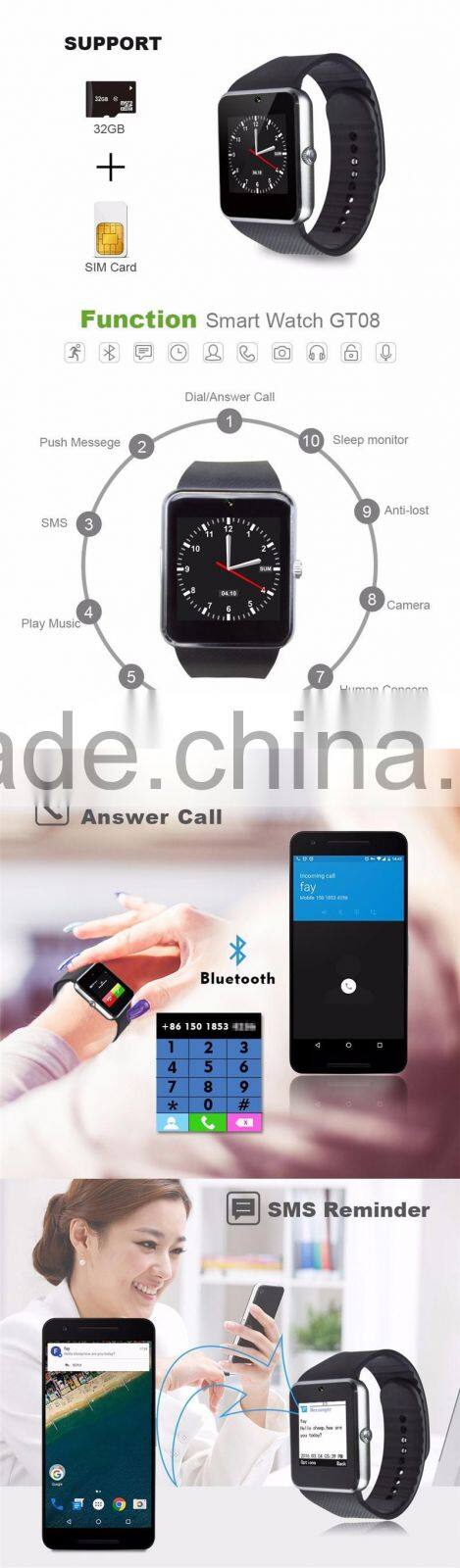 2016 Wholesale Top selling GT08 Smart Watch with SIM Card ,MTK 6260A IOS Bluetooth Smart Watch GT08 VS DZ09 Android Smart Watch