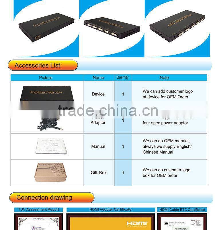 DVI Splitter 1 in 4 out with Dual-link DVI-D and UP to 4K