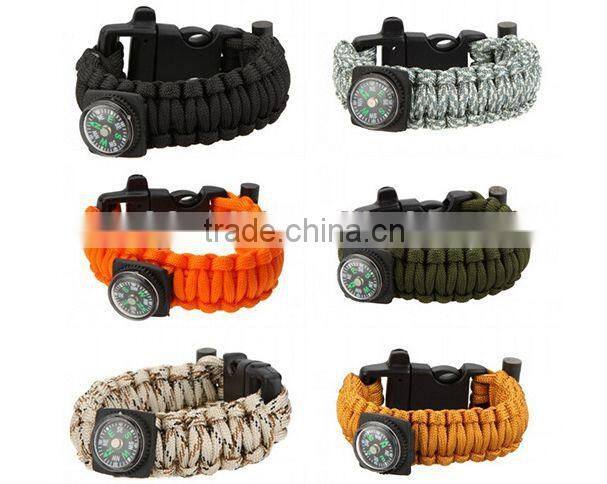Outdoor climbing emergency survival paracord wristband with flint compass